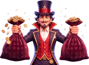 MorosWin first deposit bonus: magician holding two sacks of coins
