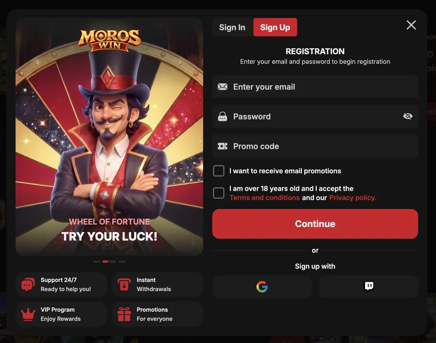 MorosWin Casino sign up window: email, password and promo code, or Google and Twitch